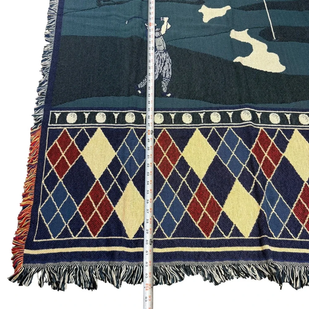 Vintage Golf Woven Tapestry Throw Blanket Argyle Fringe‎ Man Cave Wall Hanging